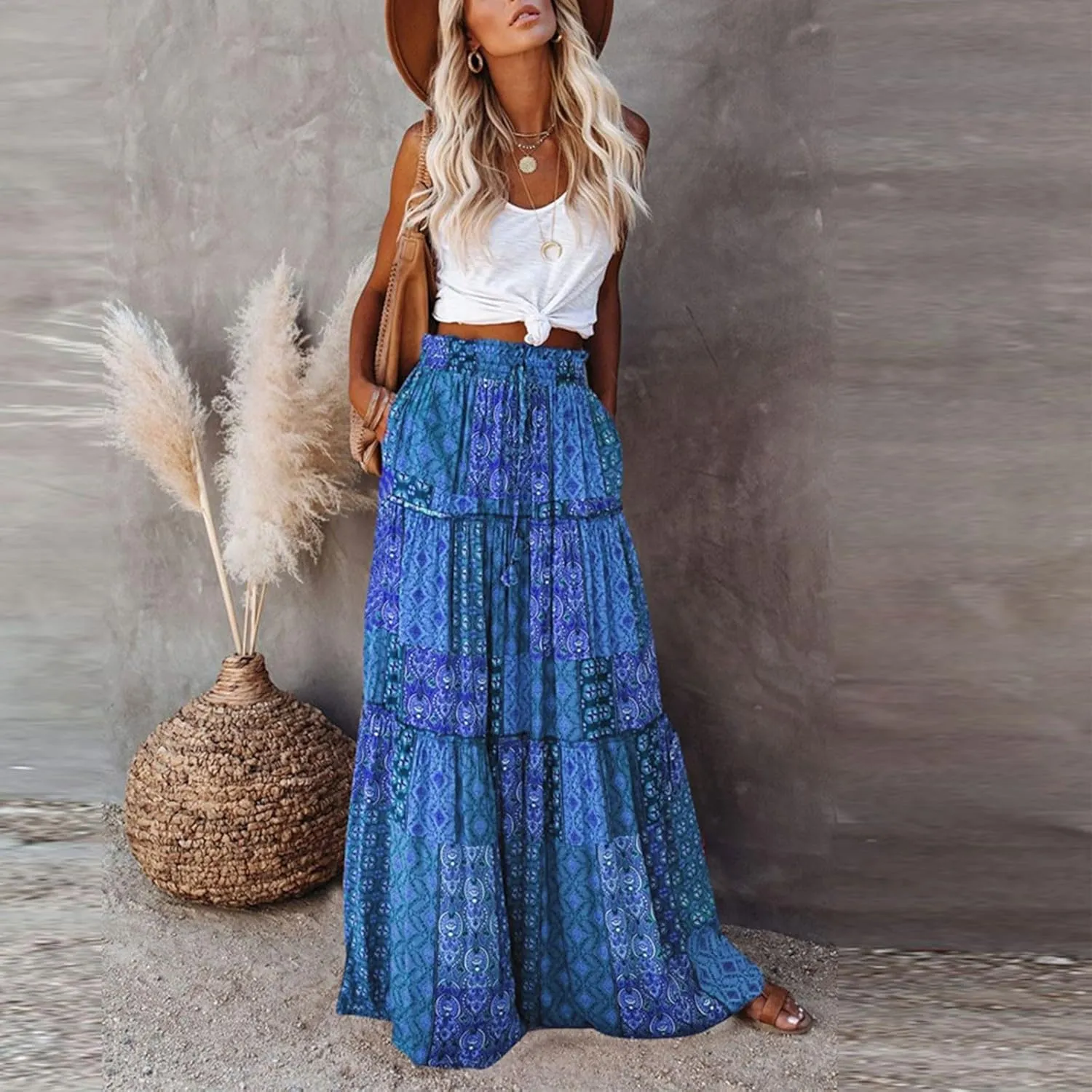 Maxi Skirts for Women Beach Boho Skirts Flowy Swing High Waisted Ruffle Tiered Summer Floral Skort with Pockets