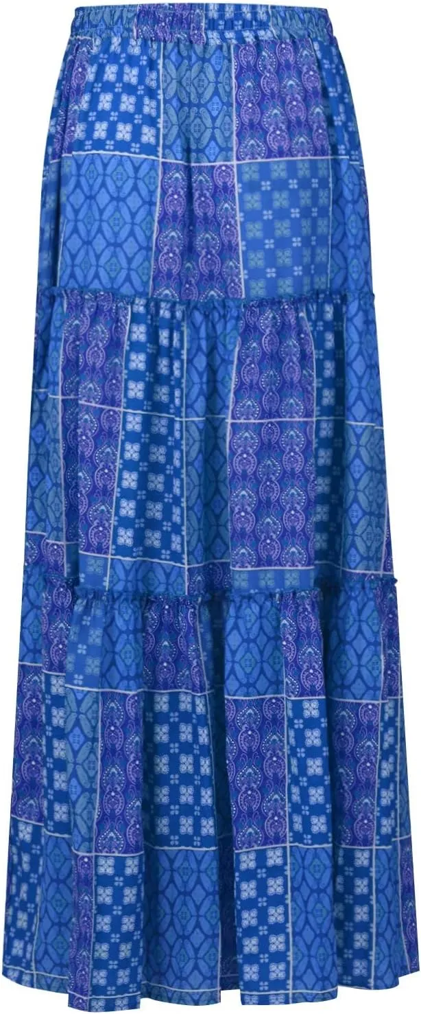 Maxi Skirts for Women Beach Boho Skirts Flowy Swing High Waisted Ruffle Tiered Summer Floral Skort with Pockets