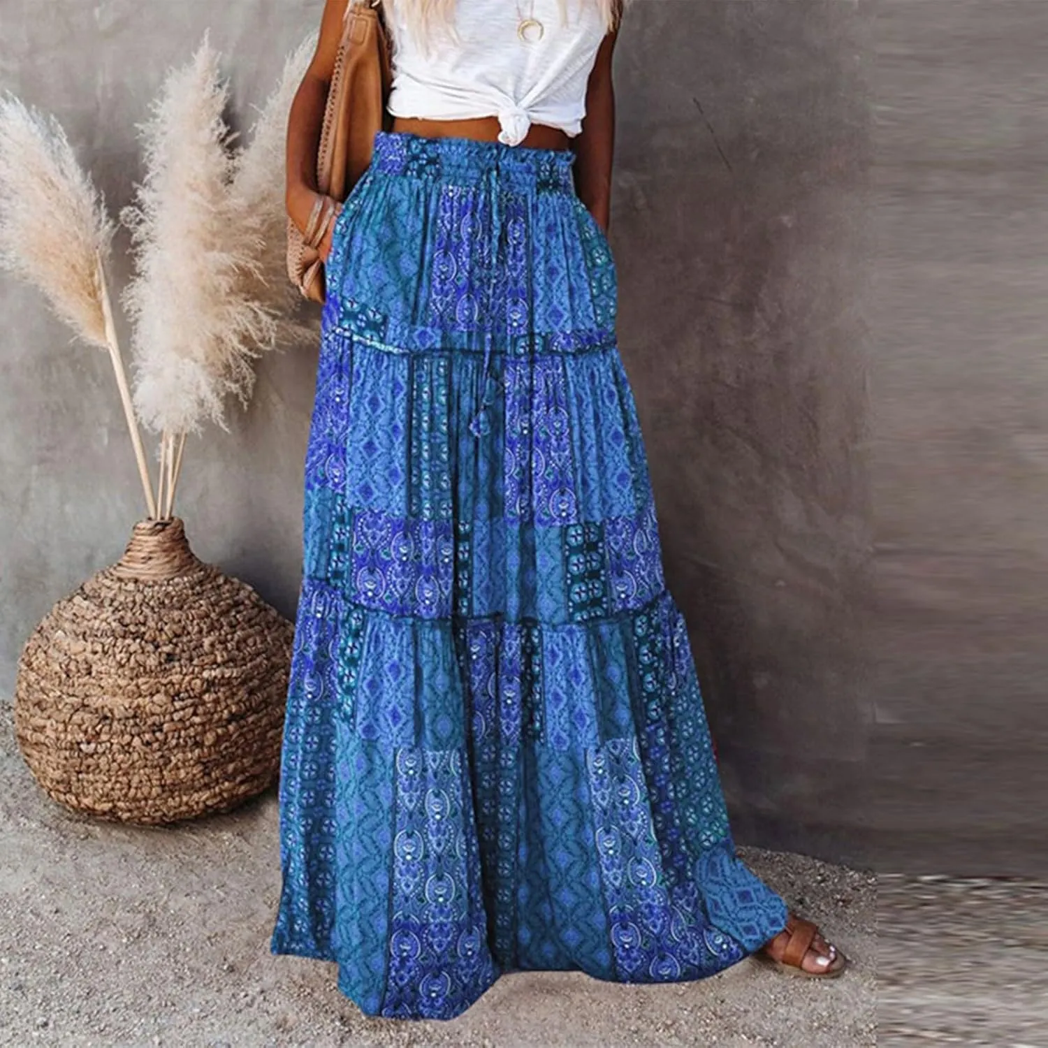 Maxi Skirts for Women Beach Boho Skirts Flowy Swing High Waisted Ruffle Tiered Summer Floral Skort with Pockets