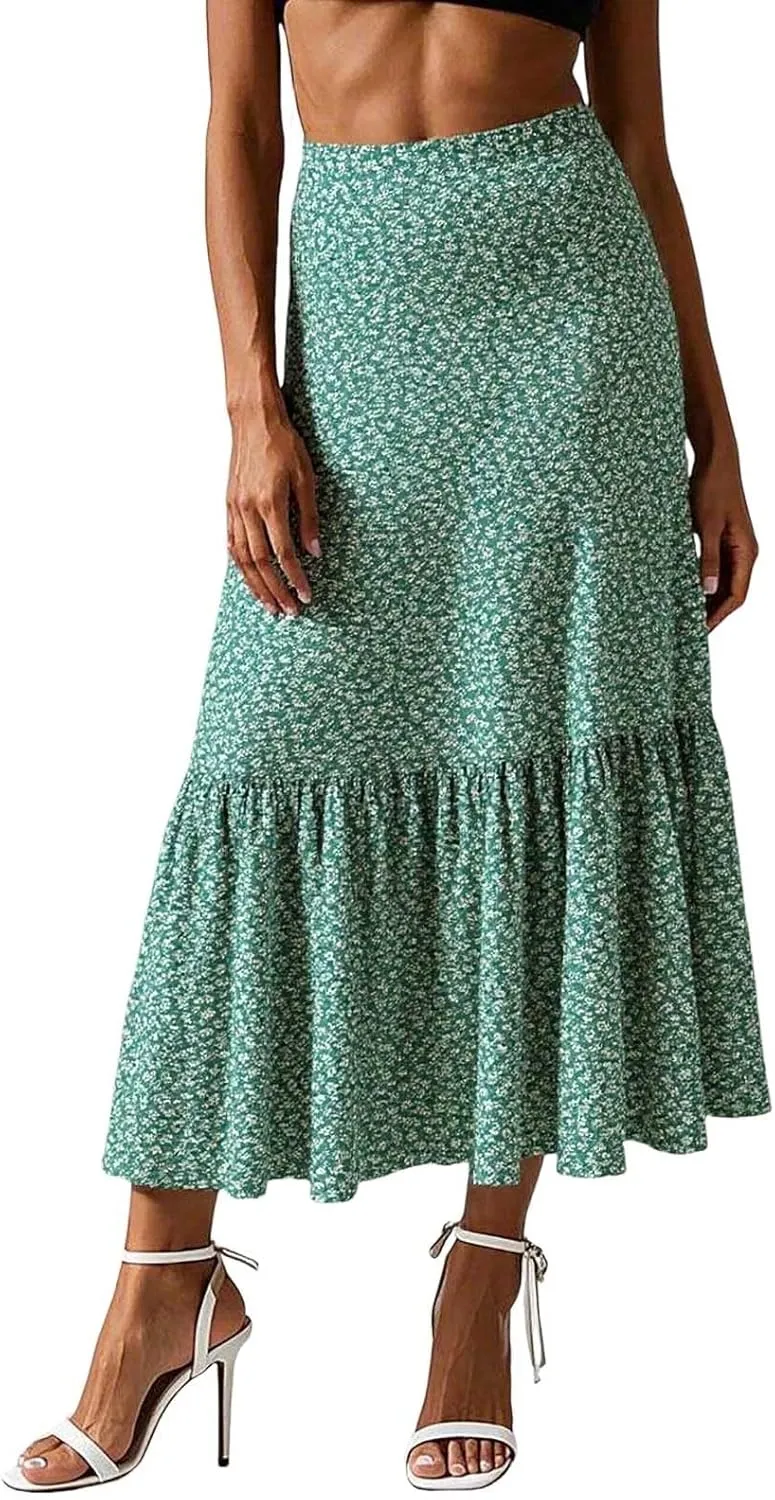 Maxi Skirts for Women Summer A Line Flowy Tiered Bohemian Drawstring High Waist Casual Flowy Skirts with Tie
