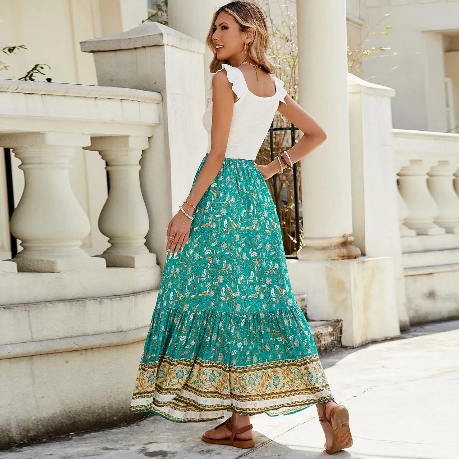 Maxi Skirts for Women,2025 Summer Flowy Tiered Pleated A Line Long Skirts,Trendy Vintage Floral Vacation Boho Skirts