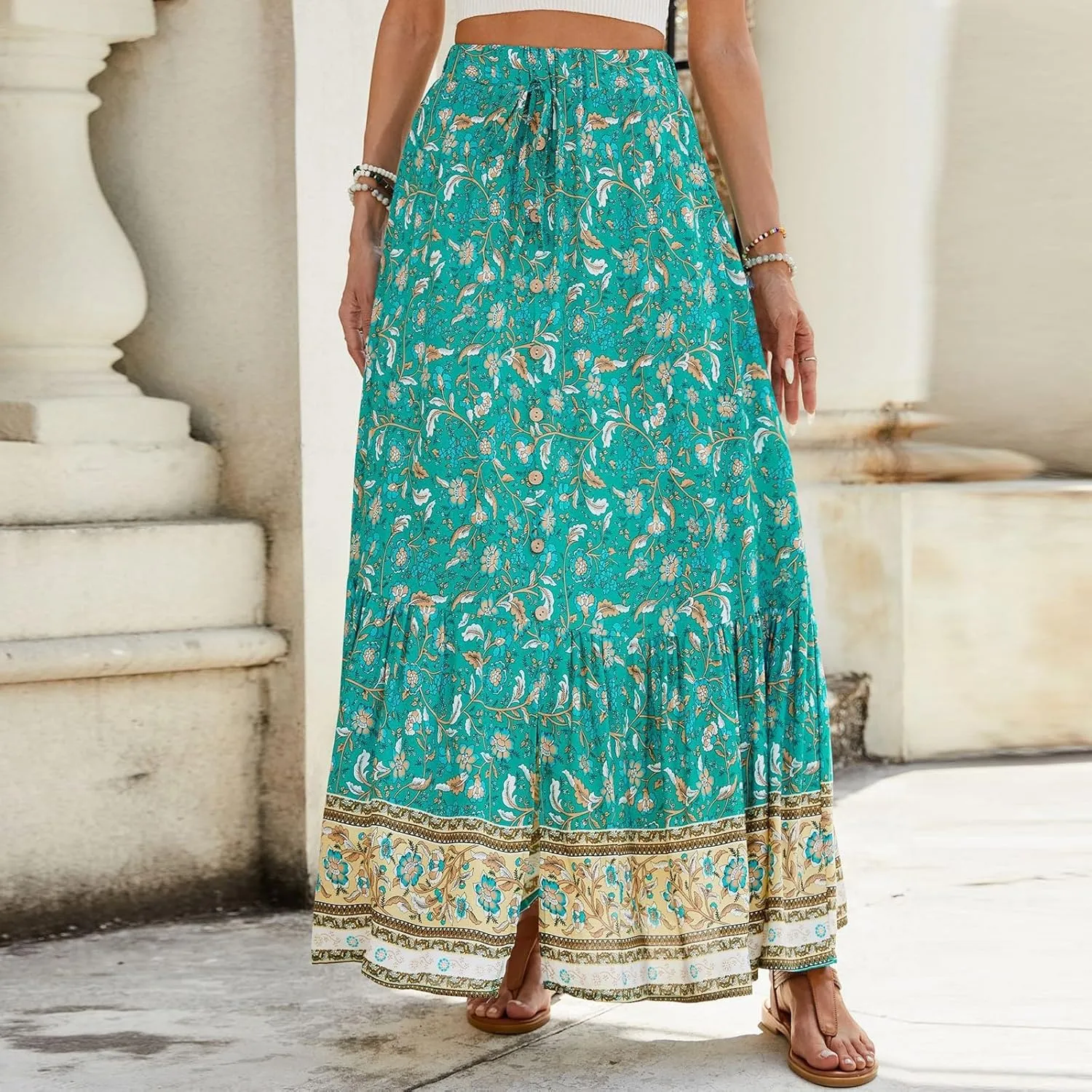 Maxi Skirts for Women,2025 Summer Flowy Tiered Pleated A Line Long Skirts,Trendy Vintage Floral Vacation Boho Skirts