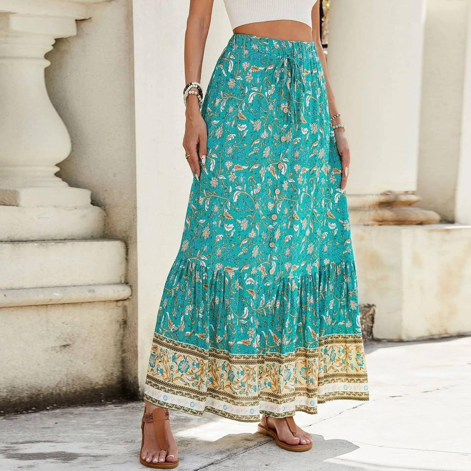 Maxi Skirts for Women,2025 Summer Flowy Tiered Pleated A Line Long Skirts,Trendy Vintage Floral Vacation Boho Skirts