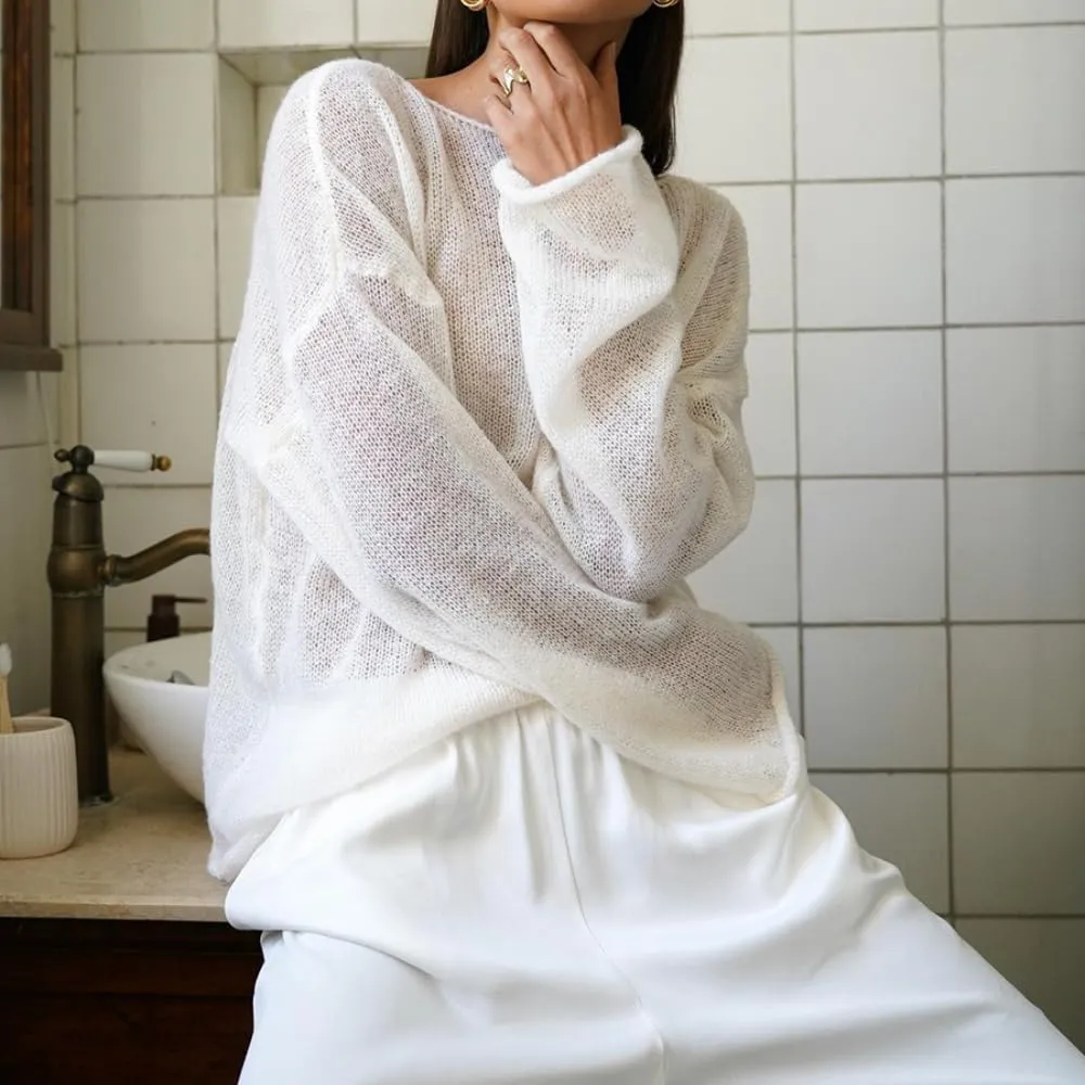 Melliflo Women Long Sleeve Sheer Mesh Knit Sweater Oversized Crochet Lightweight Sweater Y2K Summer Loose Hollow Out Pullover