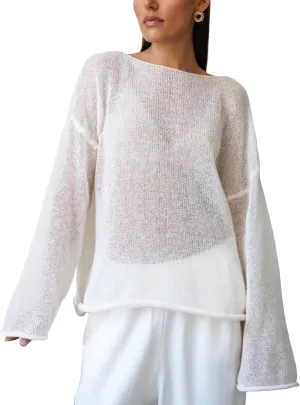 Melliflo Women Long Sleeve Sheer Mesh Knit Sweater Oversized Crochet Lightweight Sweater Y2K Summer Loose Hollow Out Pullover
