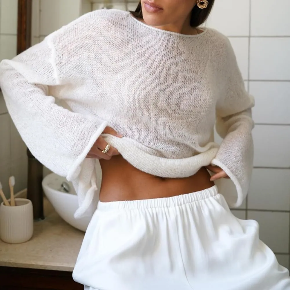 Melliflo Women Long Sleeve Sheer Mesh Knit Sweater Oversized Crochet Lightweight Sweater Y2K Summer Loose Hollow Out Pullover