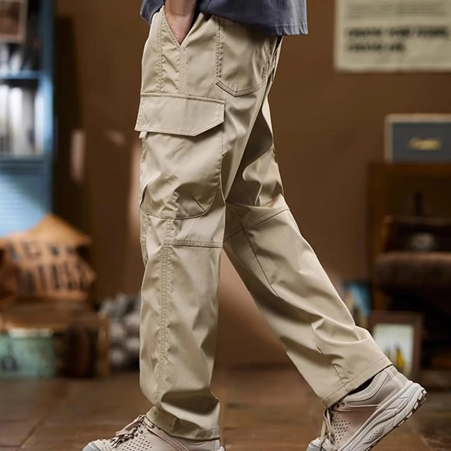 Mens Cargo Pants Multi-Pockets Classic-Fit Hiking Pants Elastic Waist Drawstring Work Pants Solid Color Outdoors Pants