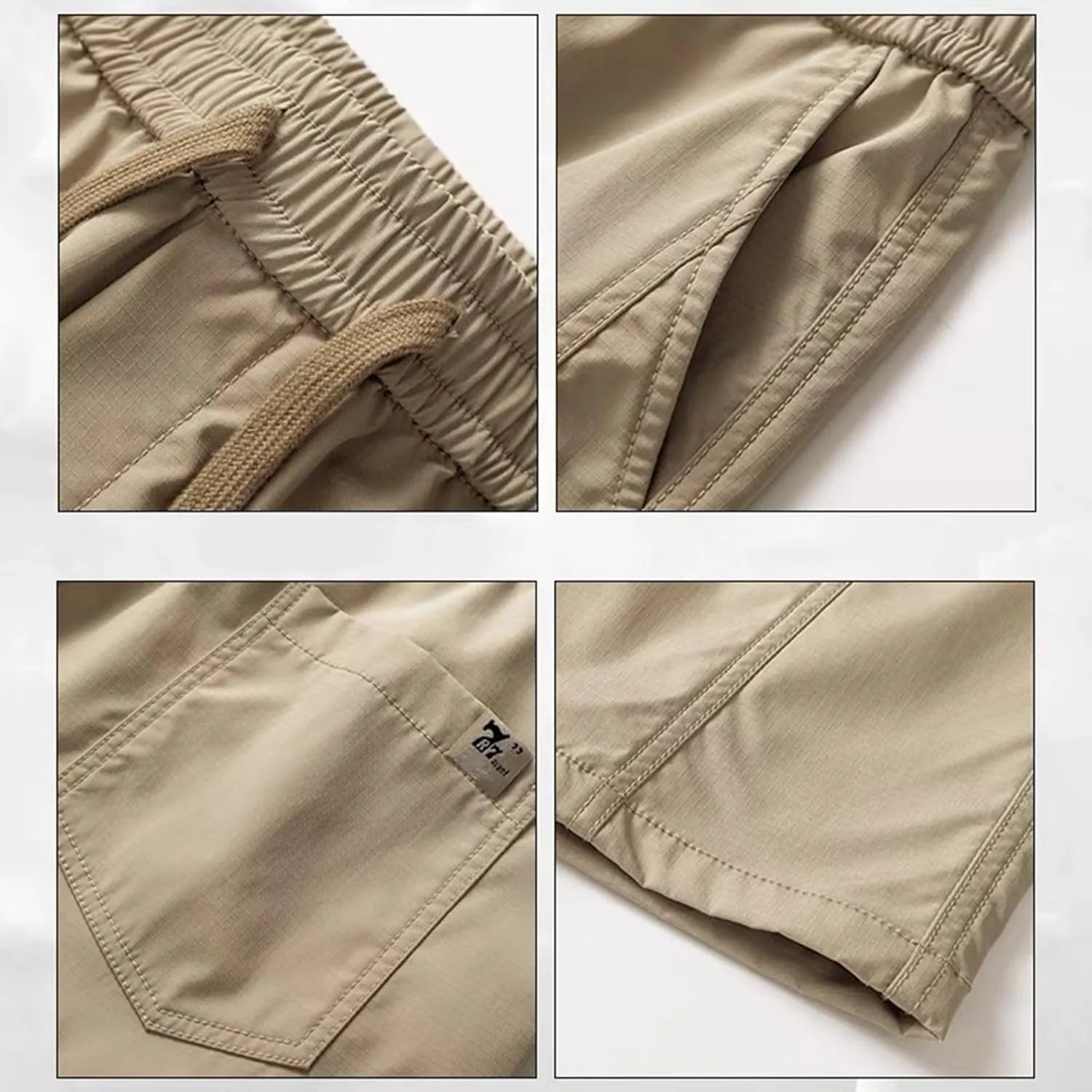 Mens Cargo Pants Multi-Pockets Classic-Fit Hiking Pants Elastic Waist Drawstring Work Pants Solid Color Outdoors Pants