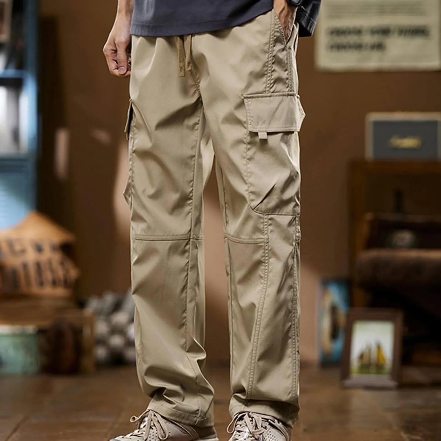 Mens Cargo Pants Multi-Pockets Classic-Fit Hiking Pants Elastic Waist Drawstring Work Pants Solid Color Outdoors Pants