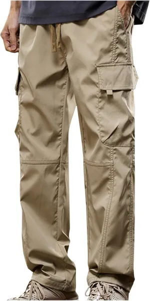 Mens Cargo Pants Multi-Pockets Classic-Fit Hiking Pants Elastic Waist Drawstring Work Pants Solid Color Outdoors Pants