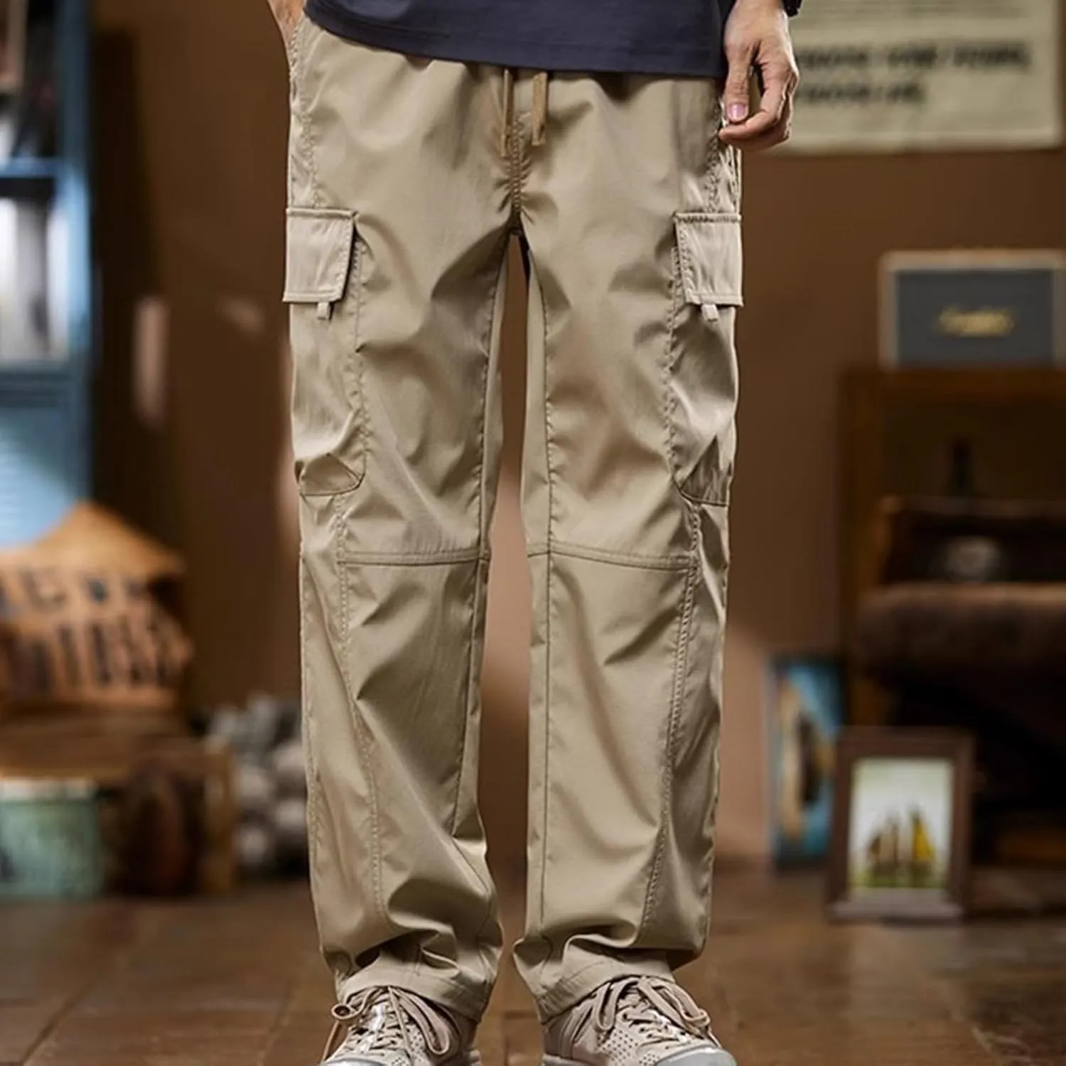 Mens Cargo Pants Multi-Pockets Classic-Fit Hiking Pants Elastic Waist Drawstring Work Pants Solid Color Outdoors Pants