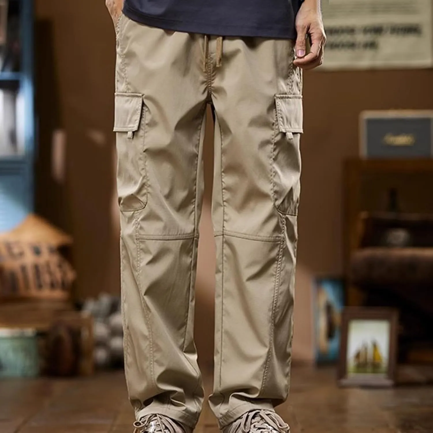 Mens Cargo Pants Multi-Pockets Classic-Fit Hiking Pants Elastic Waist Drawstring Work Pants Solid Color Outdoors Pants
