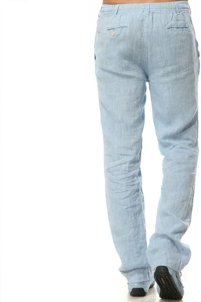 Mens Casual 100% Linen Pants, Loose Fit Drawstring Elastic Waist Lightweight Summer Beach Yoga Trousers