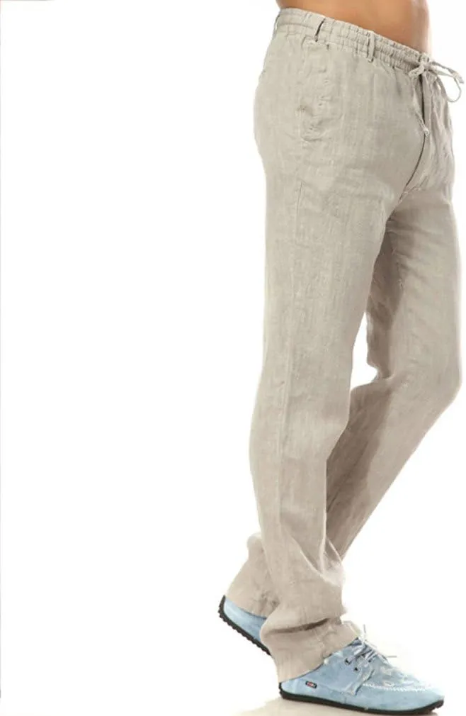 Mens Casual 100% Linen Pants, Loose Fit Drawstring Elastic Waist Lightweight Summer Beach Yoga Trousers