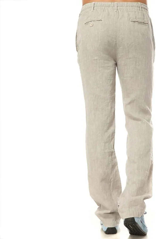 Mens Casual 100% Linen Pants, Loose Fit Drawstring Elastic Waist Lightweight Summer Beach Yoga Trousers