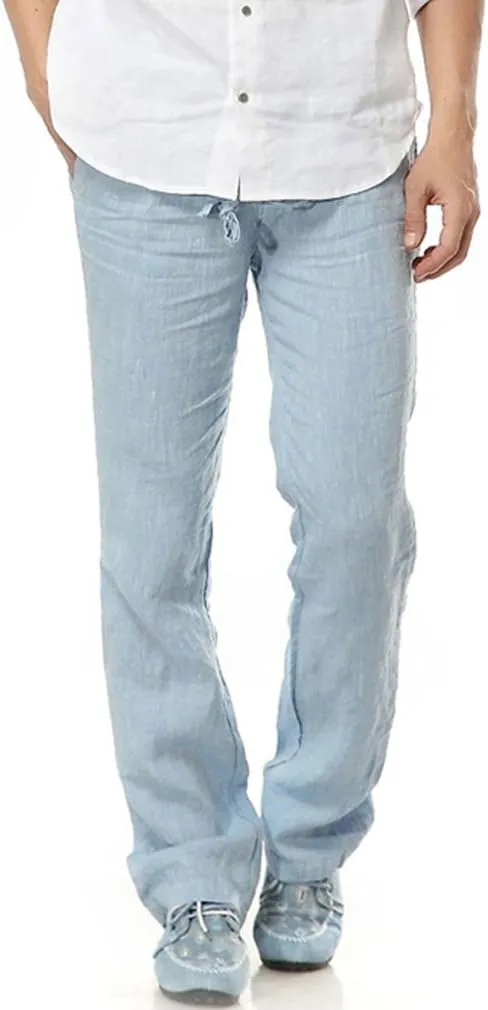 Mens Casual 100% Linen Pants, Loose Fit Drawstring Elastic Waist Lightweight Summer Beach Yoga Trousers