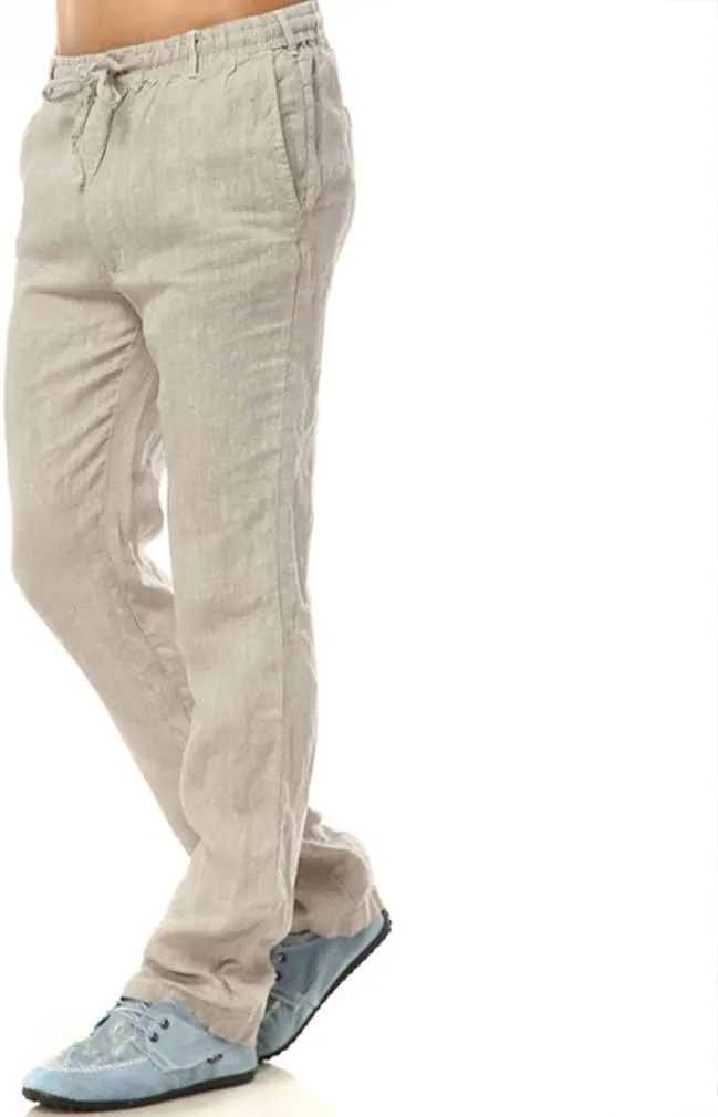 Mens Casual 100% Linen Pants, Loose Fit Drawstring Elastic Waist Lightweight Summer Beach Yoga Trousers