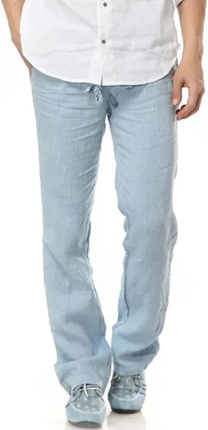 Mens Casual 100% Linen Pants, Loose Fit Drawstring Elastic Waist Lightweight Summer Beach Yoga Trousers