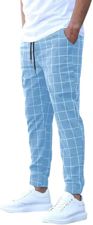 Men's Casual Drawstring Checkered Pants Stretch Slim Fit Skinny Pants Plaid Dress Pants for Men Business Suit Pants