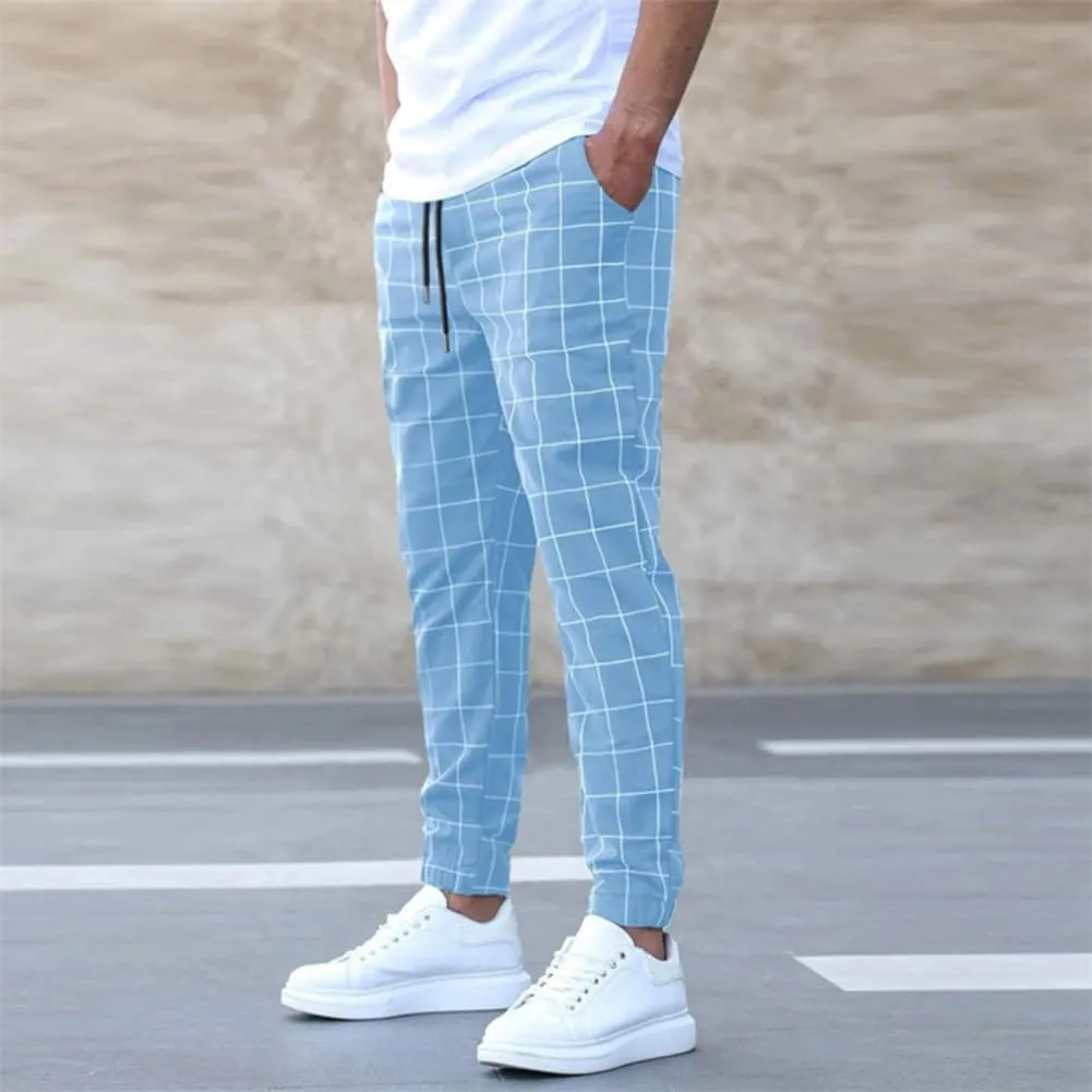 Men's Casual Drawstring Checkered Pants Stretch Slim Fit Skinny Pants Plaid Dress Pants for Men Business Suit Pants