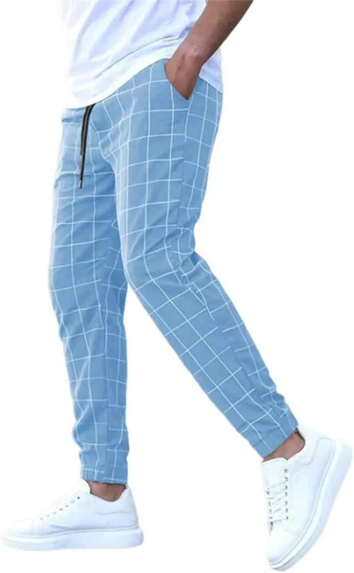 Men's Casual Drawstring Checkered Pants Stretch Slim Fit Skinny Pants Plaid Dress Pants for Men Business Suit Pants