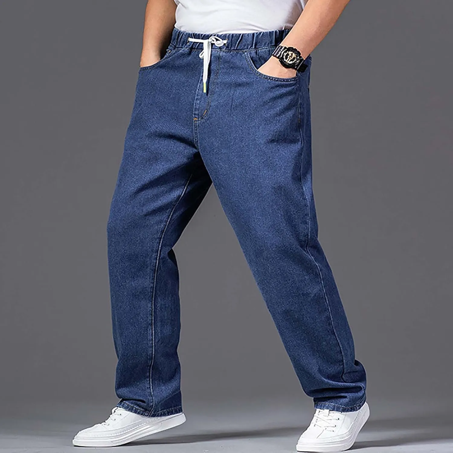 Mens Jeans Plus Size Denim Pants Loose Fit Pants Trousers Comfy Straight Leg Pants Drawstring Jean Pants Sweatpants