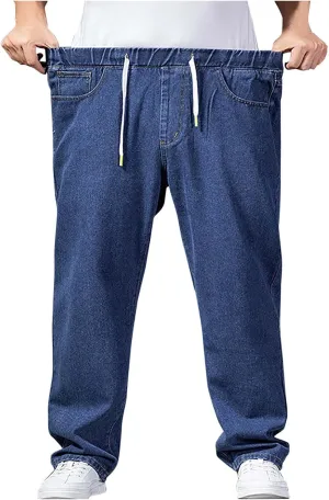 Mens Jeans Plus Size Denim Pants Loose Fit Pants Trousers Comfy Straight Leg Pants Drawstring Jean Pants Sweatpants