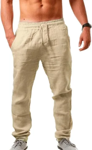 Men's Linen Casual Pants Elastic Lightweight Breathable Drawstring Beach Lounge Daily Summer Travel