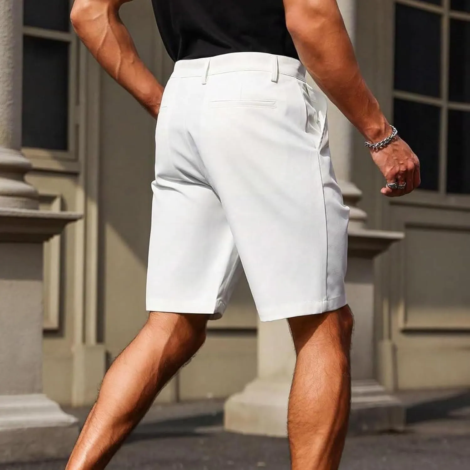 Mens Linen Shorts Solid Straight Leg Knee Length Short Trousers with Pocket Summer Casual Bottoms