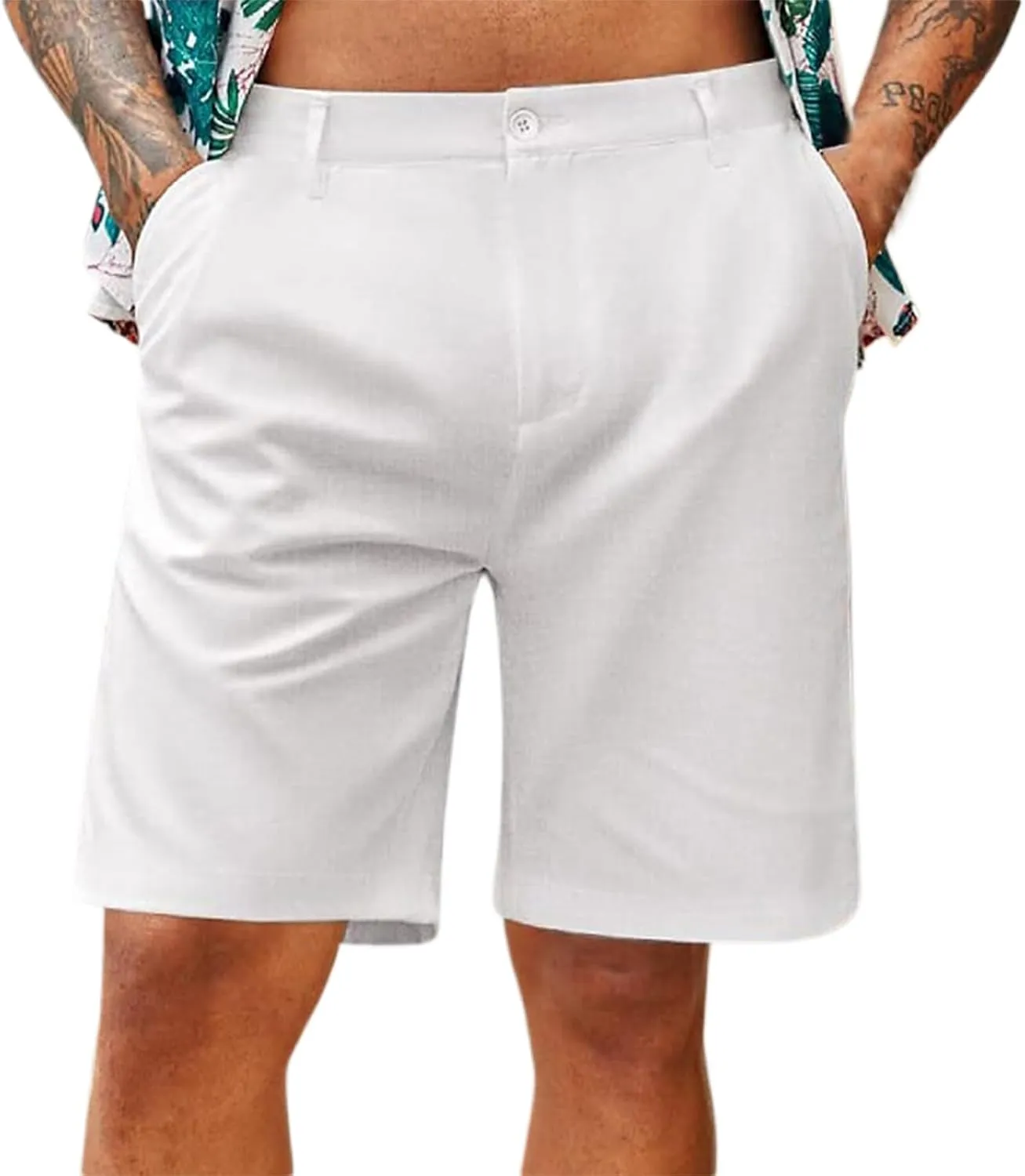 Mens Linen Shorts Solid Straight Leg Knee Length Short Trousers with Pocket Summer Casual Bottoms