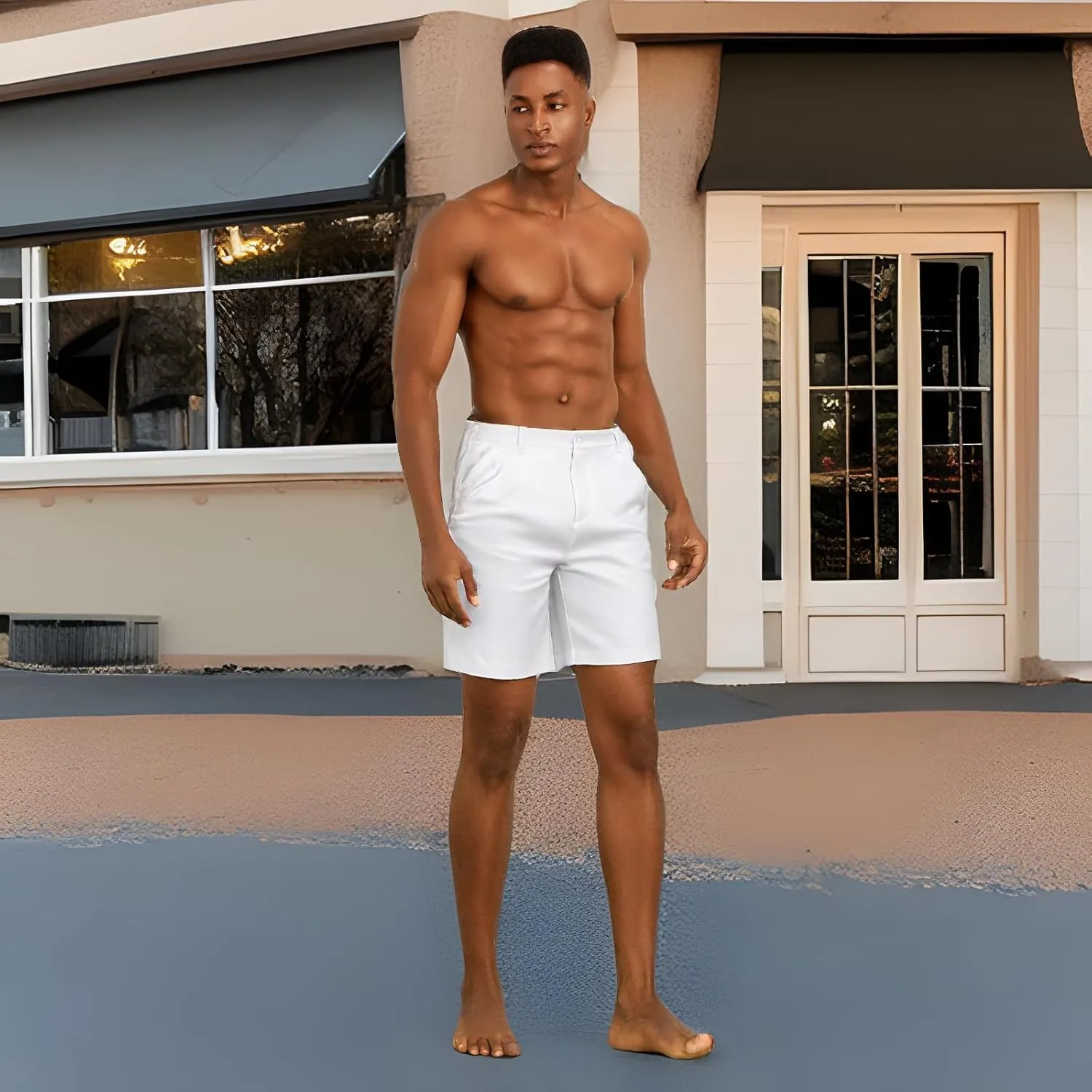 Mens Linen Shorts Solid Straight Leg Knee Length Short Trousers with Pocket Summer Casual Bottoms