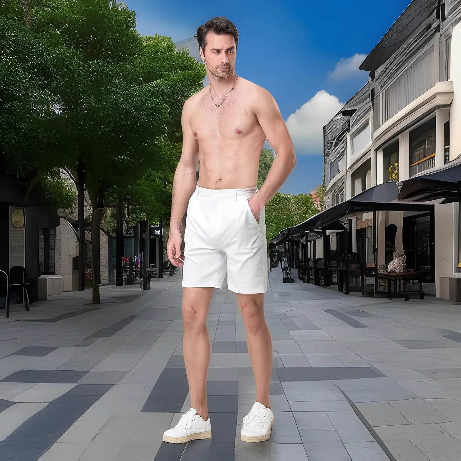 Mens Linen Shorts Solid Straight Leg Knee Length Short Trousers with Pocket Summer Casual Bottoms