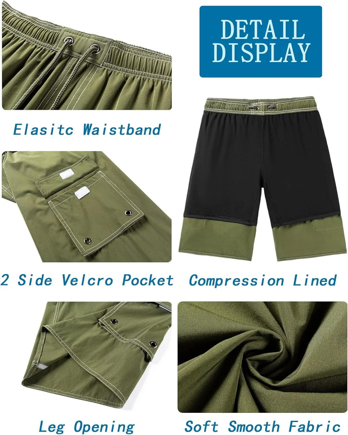 Mens Long Board Shorts Compression Liner 10 Inch Inseam Beachwear