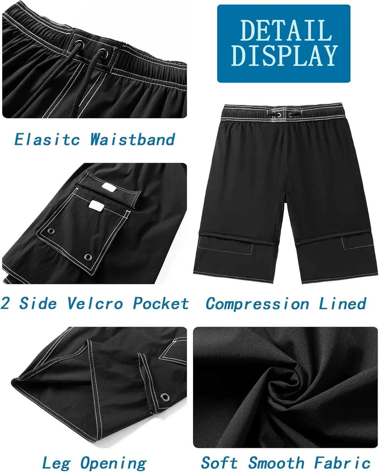 Mens Long Board Shorts Compression Liner 10 Inch Inseam Beachwear
