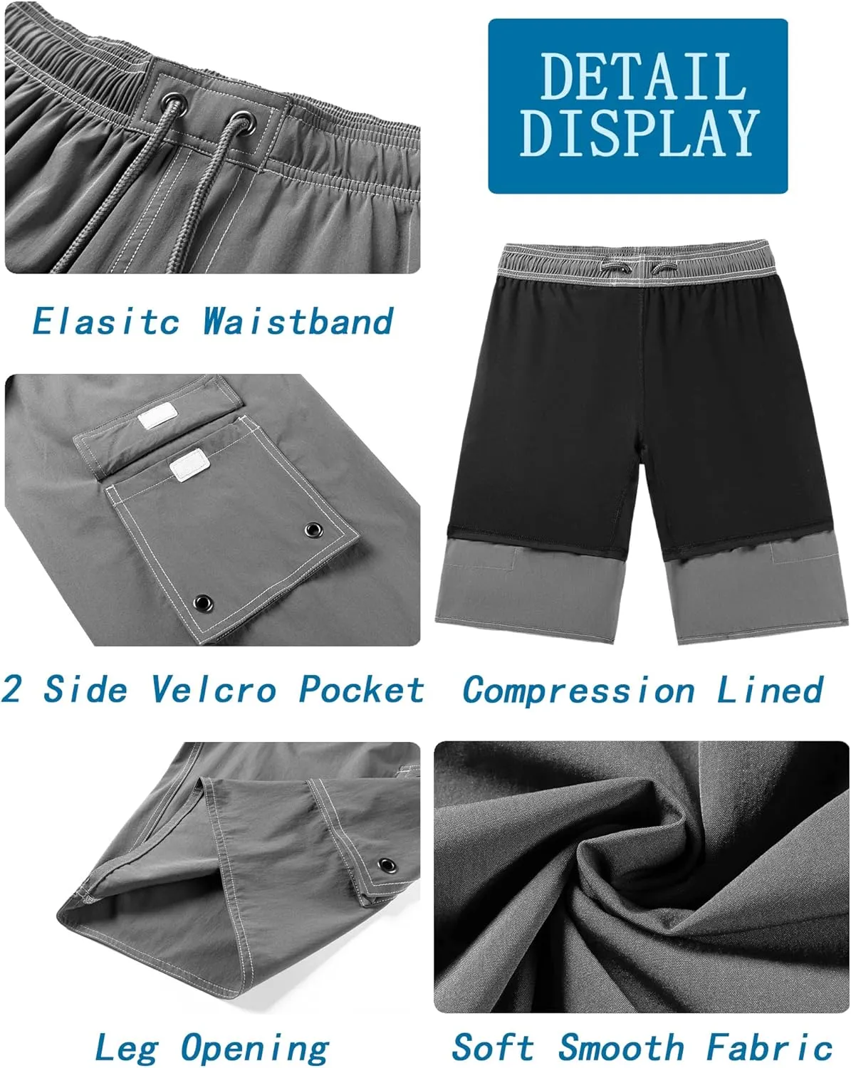 Mens Long Board Shorts Compression Liner 10 Inch Inseam Beachwear