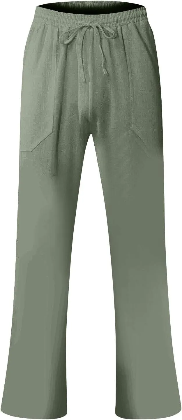 Men's Loose Fit Linen Pants Lightweight Plus Size Pants Elastic Waist Cotton Lounge Pants Casual Beach Pants with Pocket