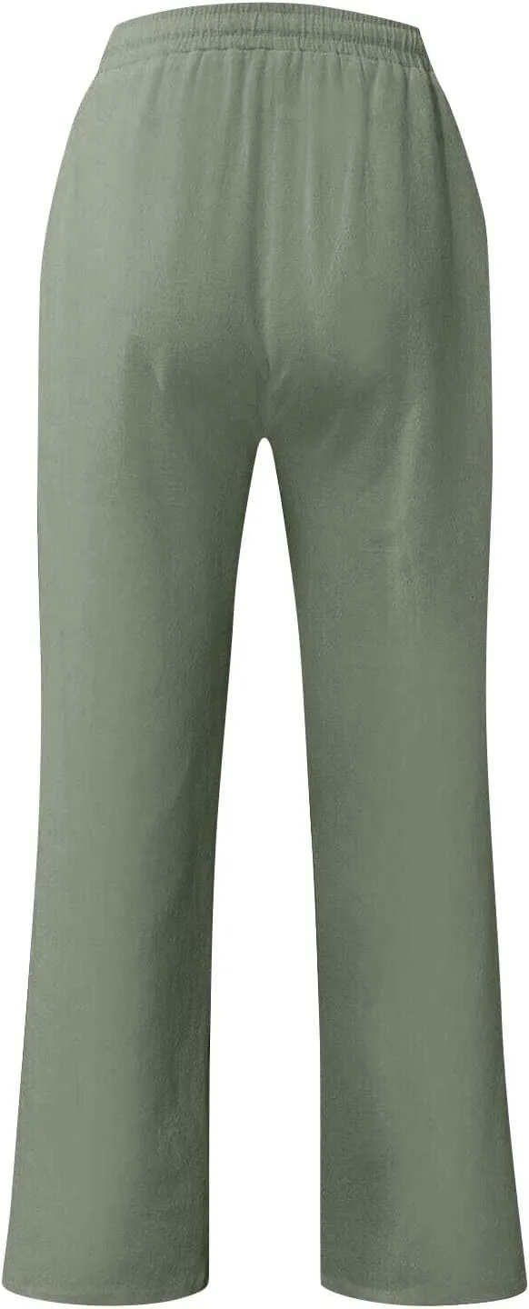 Men's Loose Fit Linen Pants Lightweight Plus Size Pants Elastic Waist Cotton Lounge Pants Casual Beach Pants with Pocket