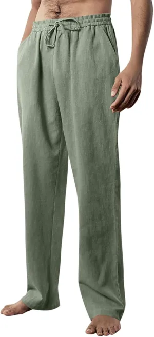 Men's Loose Fit Linen Pants Lightweight Plus Size Pants Elastic Waist Cotton Lounge Pants Casual Beach Pants with Pocket