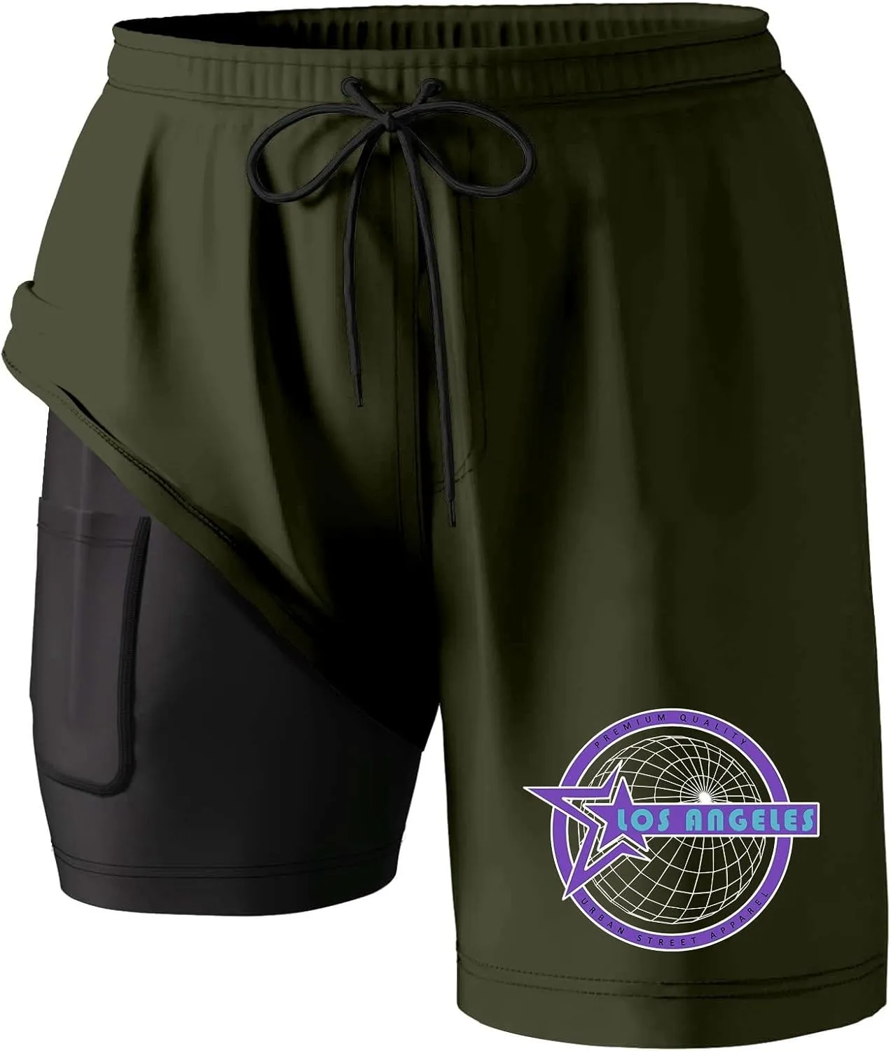 Mens Running Shorts Los Angeles Letter Graphic Print Bottoms 2 in 1 Quick Dry Gym Athletic Workout Shorts with Pockets