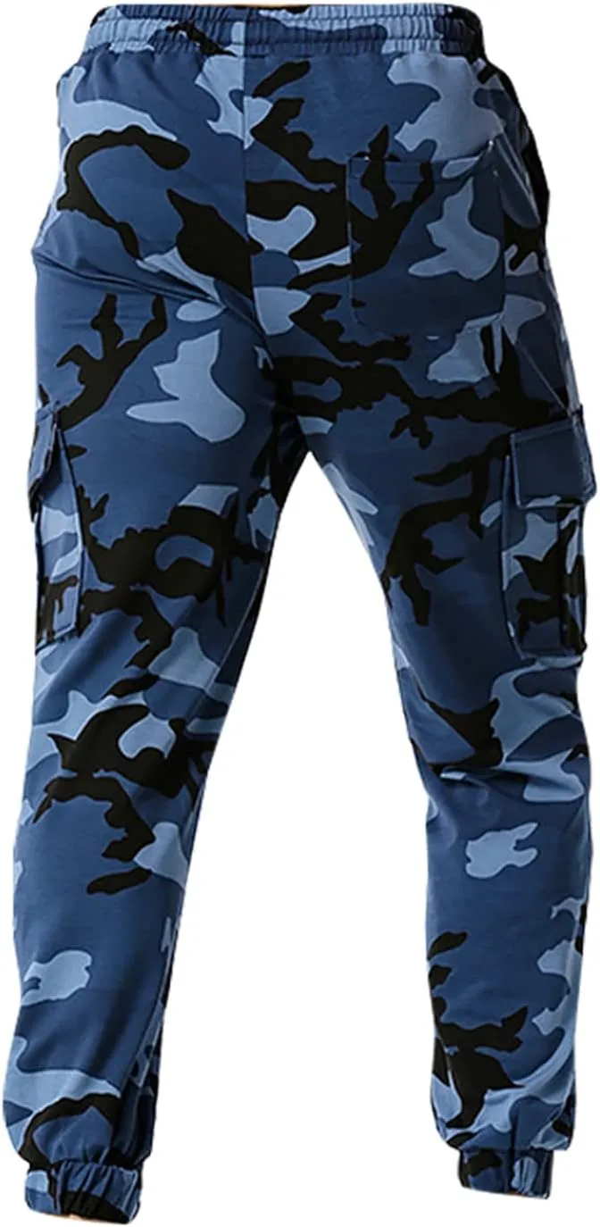 Mens Tactical Pants,Camo Cargo Pants Casual Outdoor Hiking Trousers Elastic Waist Drawstring Pocket Athletic Joggers