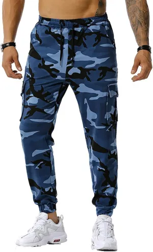 Mens Tactical Pants,Camo Cargo Pants Casual Outdoor Hiking Trousers Elastic Waist Drawstring Pocket Athletic Joggers