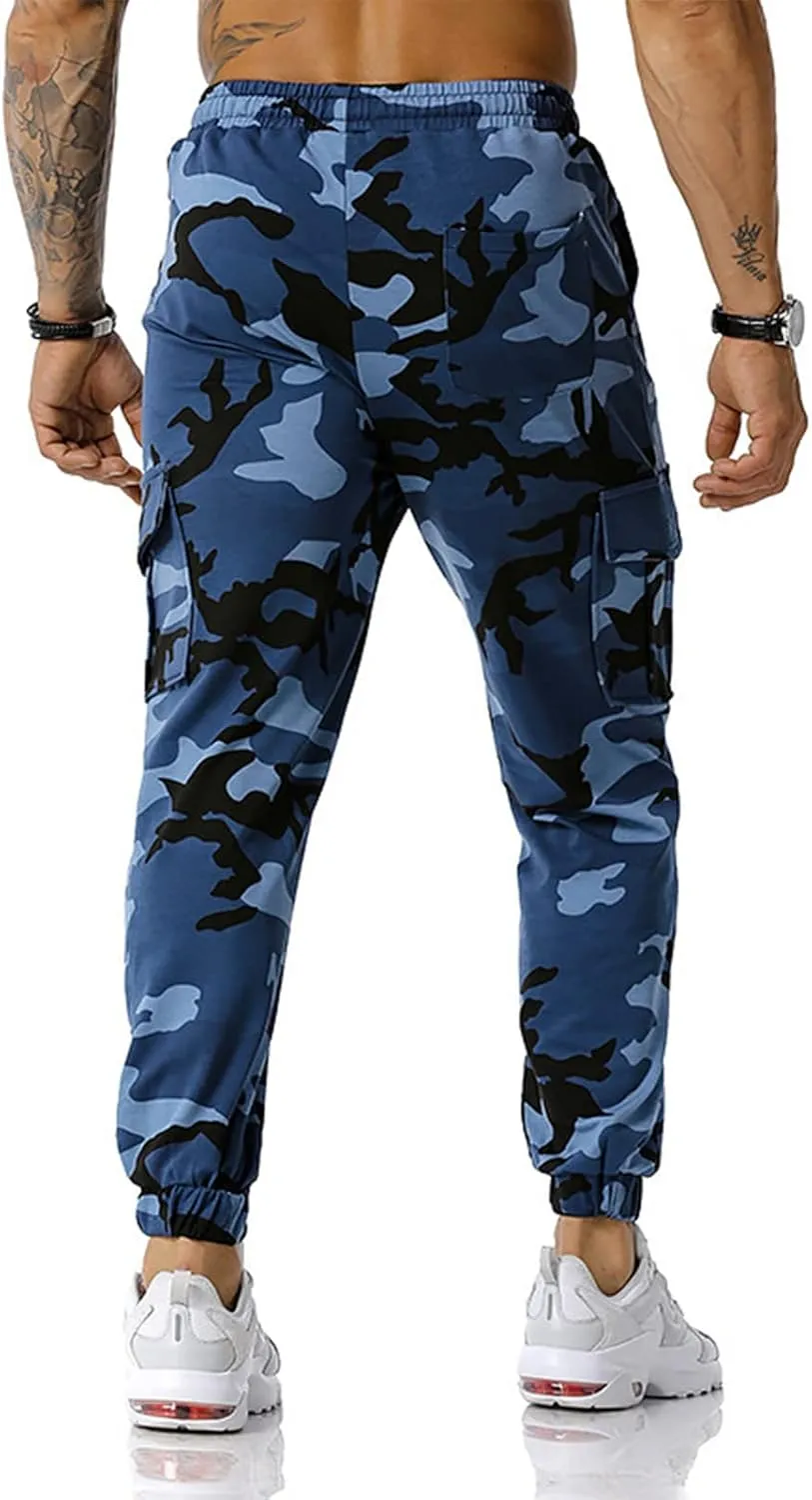 Mens Tactical Pants,Camo Cargo Pants Casual Outdoor Hiking Trousers Elastic Waist Drawstring Pocket Athletic Joggers