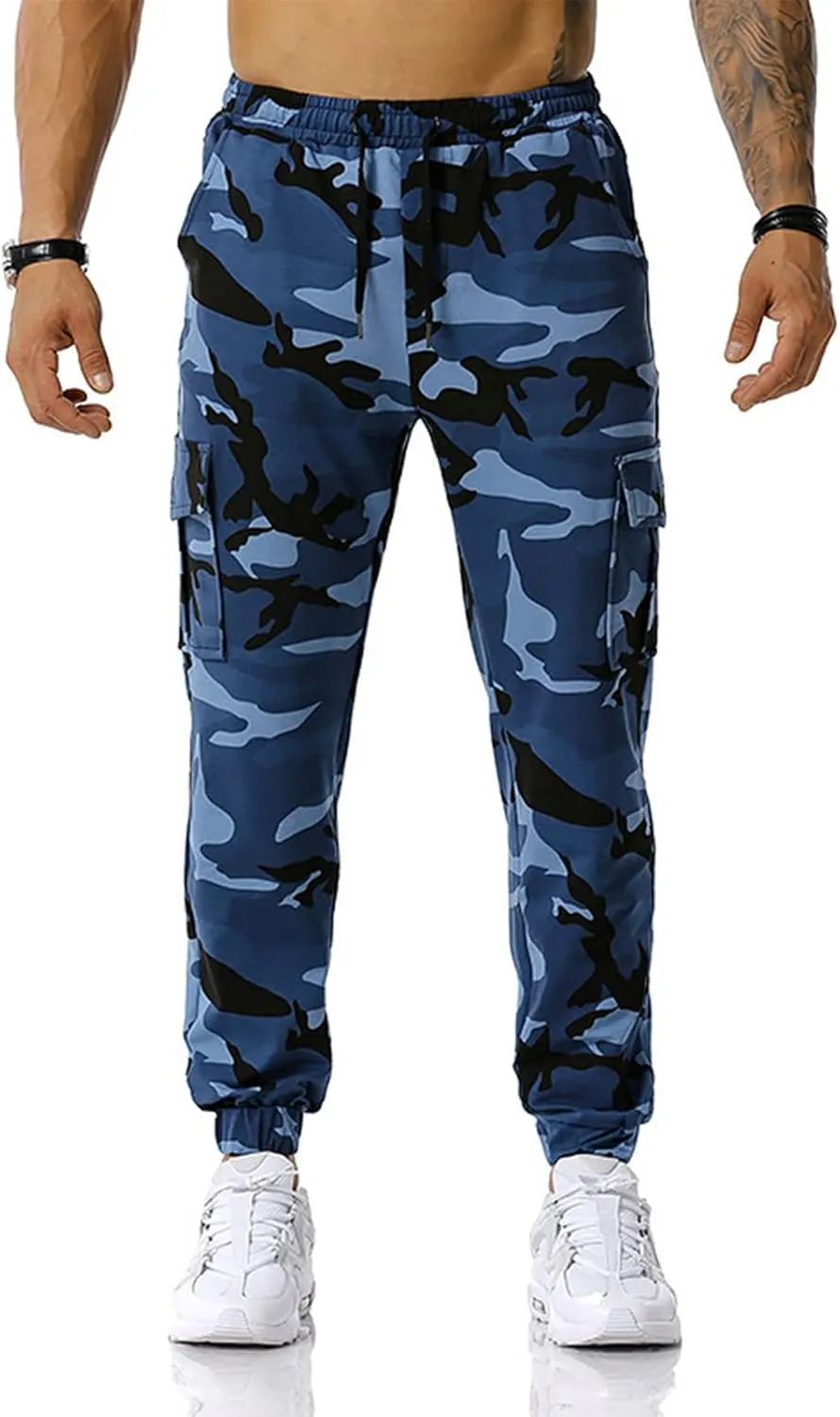 Mens Tactical Pants,Camo Cargo Pants Casual Outdoor Hiking Trousers Elastic Waist Drawstring Pocket Athletic Joggers