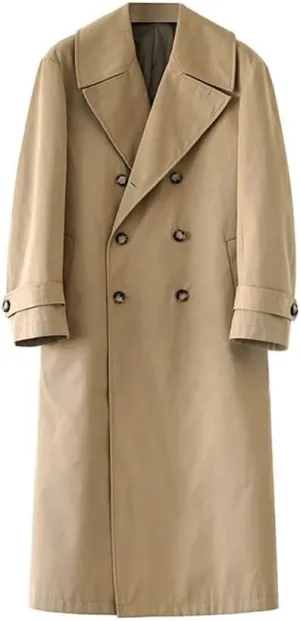 Men's Trench Coat Long Double-Breasted Oversize Large Lapel Khaki Autumn and Winter British Elegant Coat(Medium)
