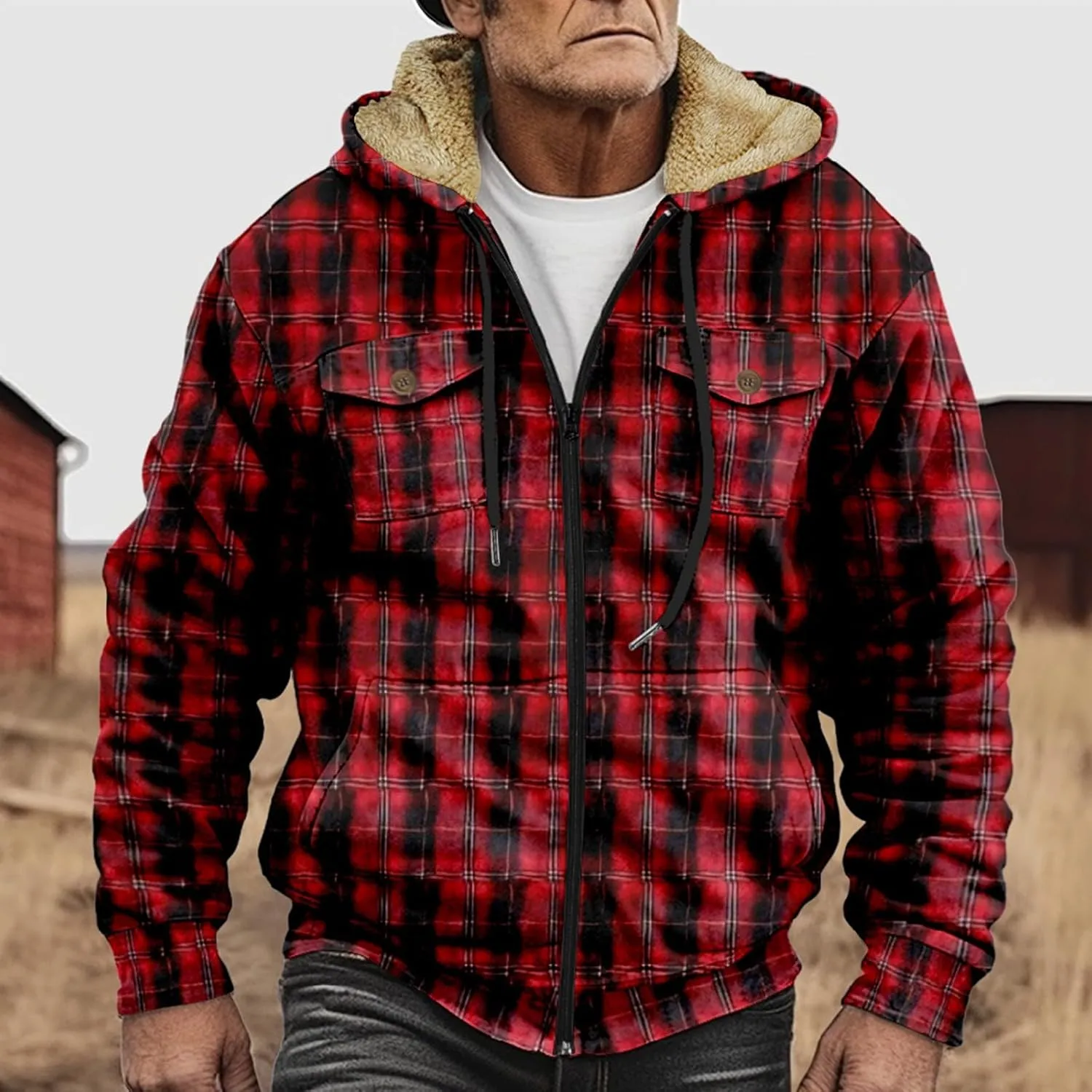 Mens Western Fleece Lined Jacket Cowboy Bull Head Print Hooded Full Zip Winter Coats Thicken Warm Jackets with Pocket