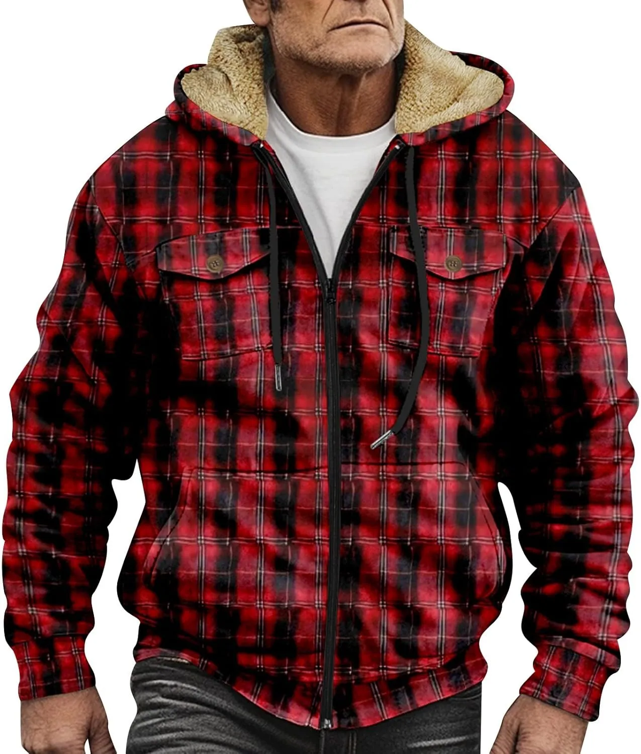 Mens Western Fleece Lined Jacket Cowboy Bull Head Print Hooded Full Zip Winter Coats Thicken Warm Jackets with Pocket