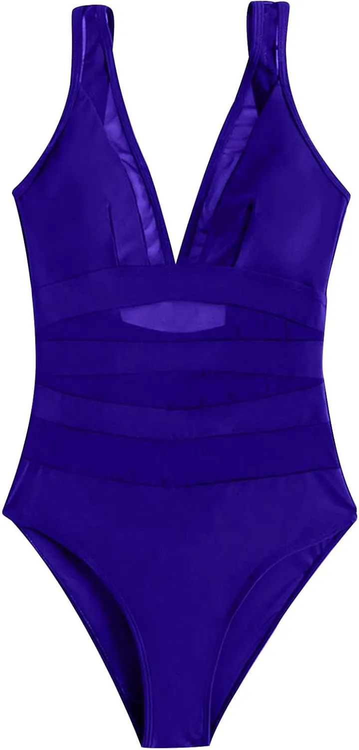 Mesh One Piece Swimsuit Womens Sexy V Neck Solid Color Backless Tummy Control High Cut Bathing Suits Monokini Swimwear