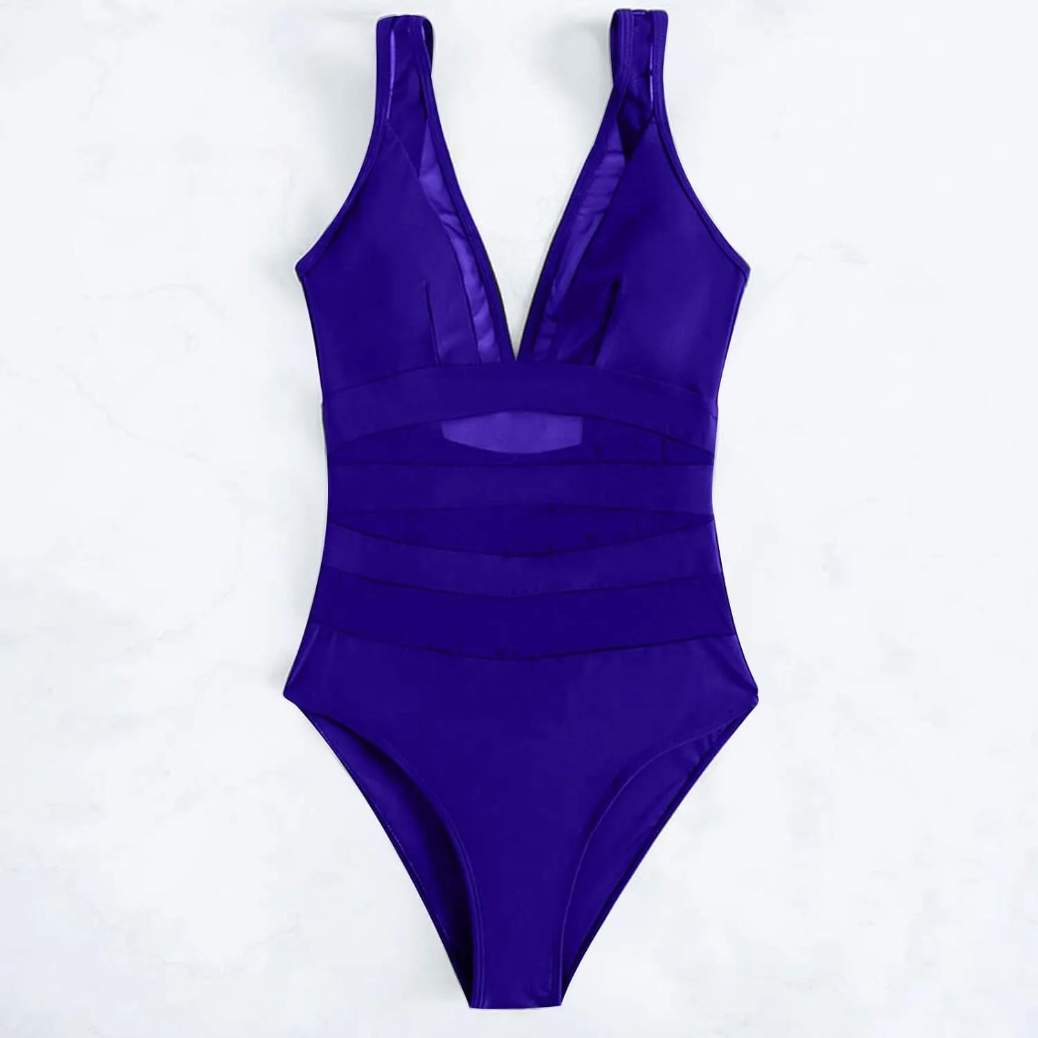 Mesh One Piece Swimsuit Womens Sexy V Neck Solid Color Backless Tummy Control High Cut Bathing Suits Monokini Swimwear