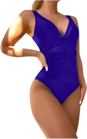 Mesh One Piece Swimsuit Womens Sexy V Neck Solid Color Backless Tummy Control High Cut Bathing Suits Monokini Swimwear