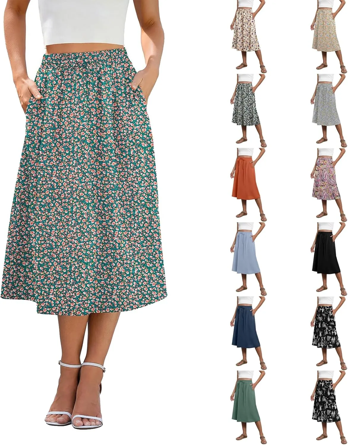 Midi Skirts for Women Trendy Summer Drawstring High Waisted Floral Boho Skirts Cute A Line Flowy Skirt with Pockets